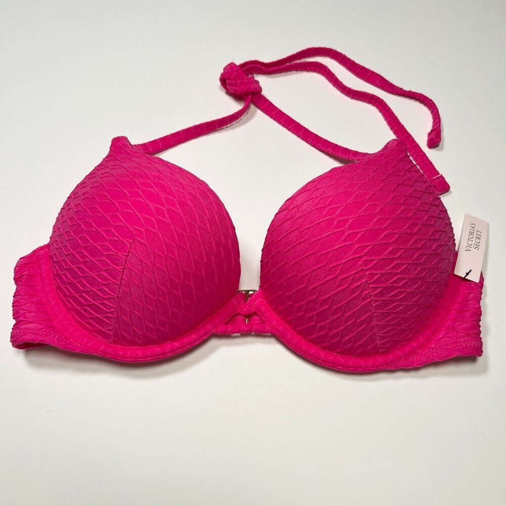 Victoria Secret 34D Bombshell Push Up Bikini Top Adds 2 Cups Textured Pink